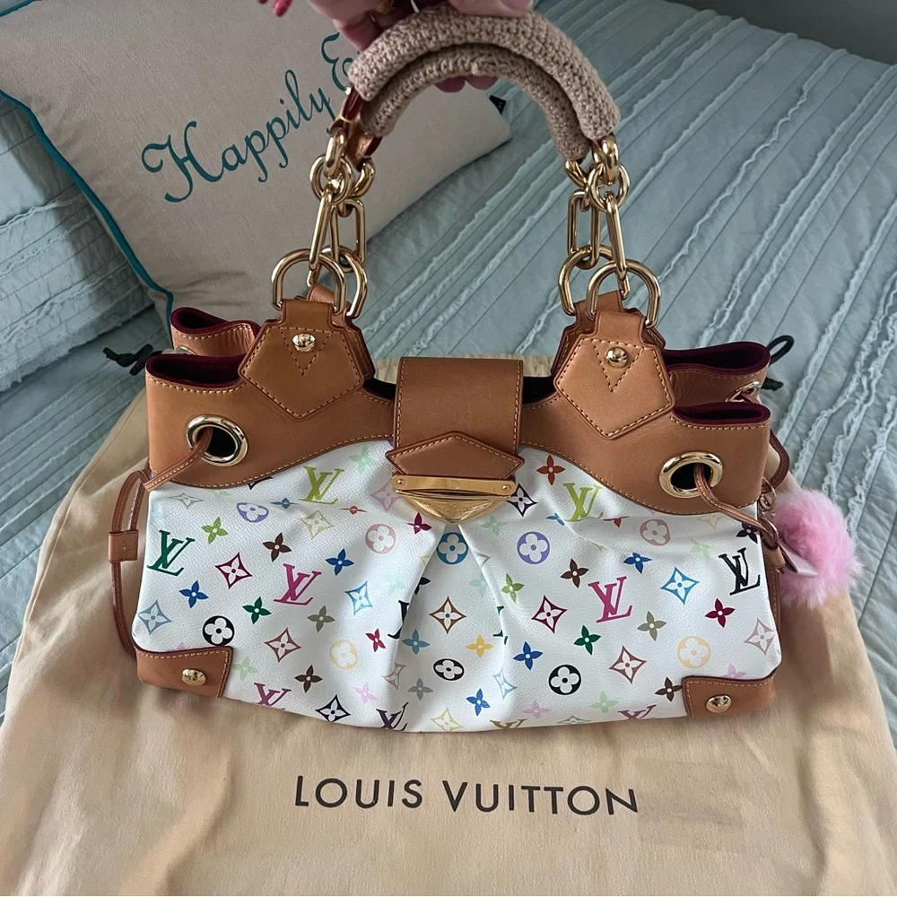 Louis Vuitton White Multicolor Monogram Canvas Shoulder Bag with Tan Trim - Picture 14 of 16